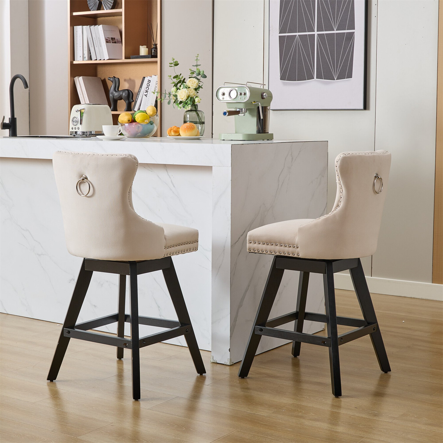 Set of 2 Swivel Velvet Bar Stools Bar Chair Counter Height Dining Chair