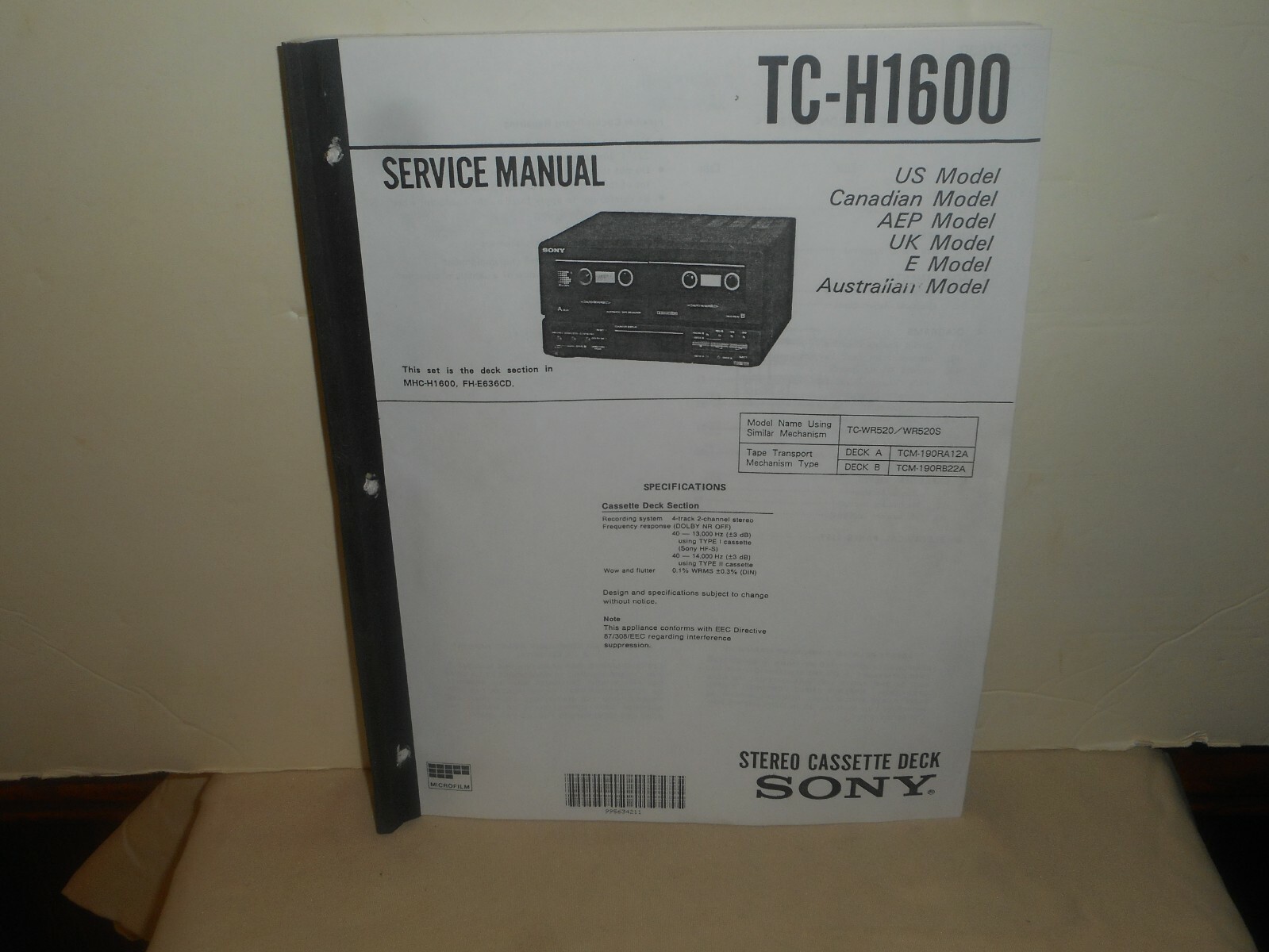 SONY TC-H1600 Service Manual Parts List & Schematics Stereo Cassette Deck