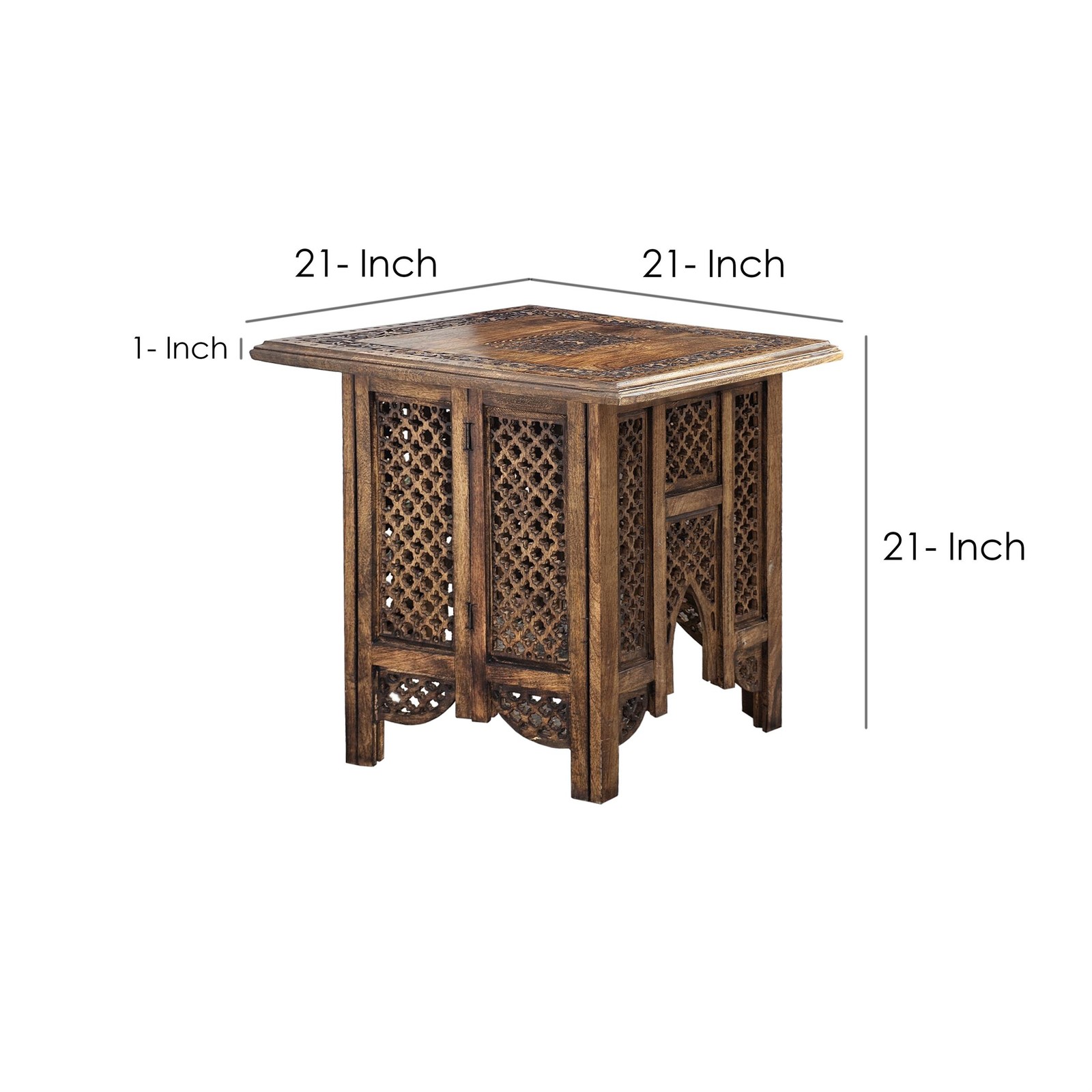 21 Inch Boho Side End Table- Floral Carved Details- Foldable Panel Legs