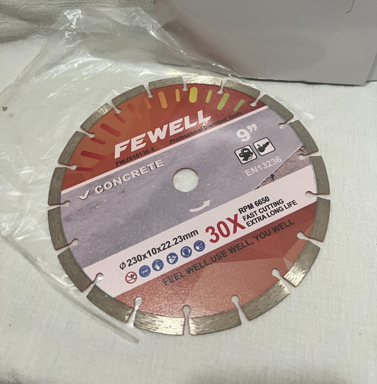 FEWELL Concrete 9" Blade 30X Pro Diamond Tool EN13236 RPM 6650