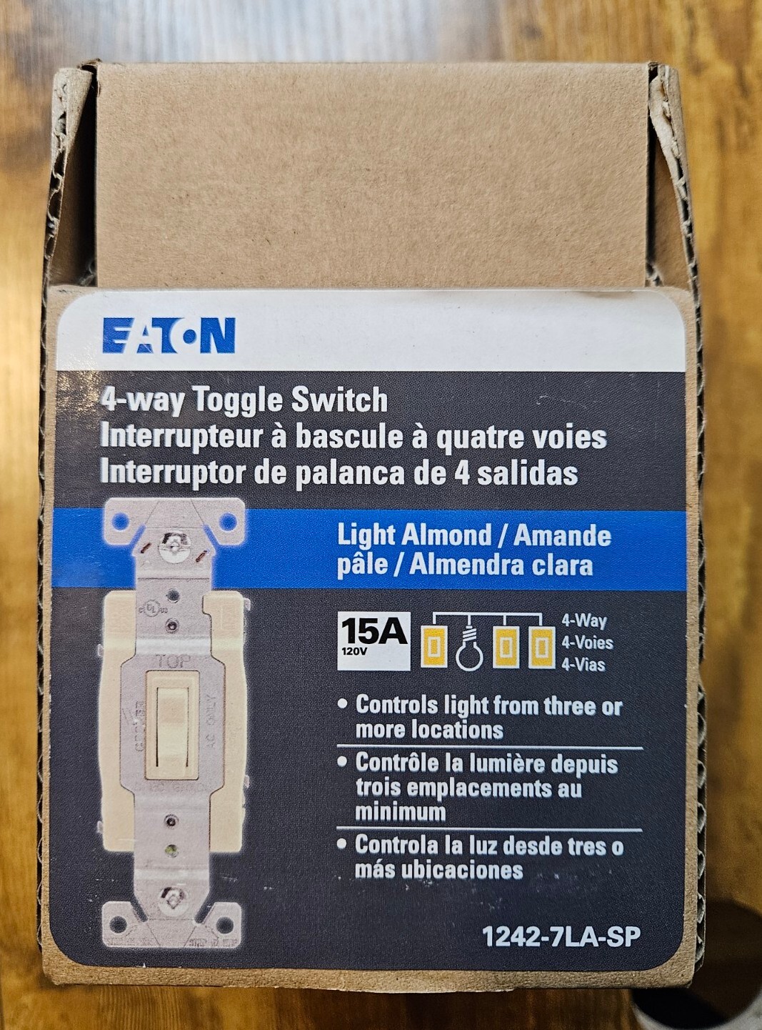 Box Of 4 New Eaton 1242-7LA-BOX 4-Way Toggle Switches 120 VAC 15A Light Almond
