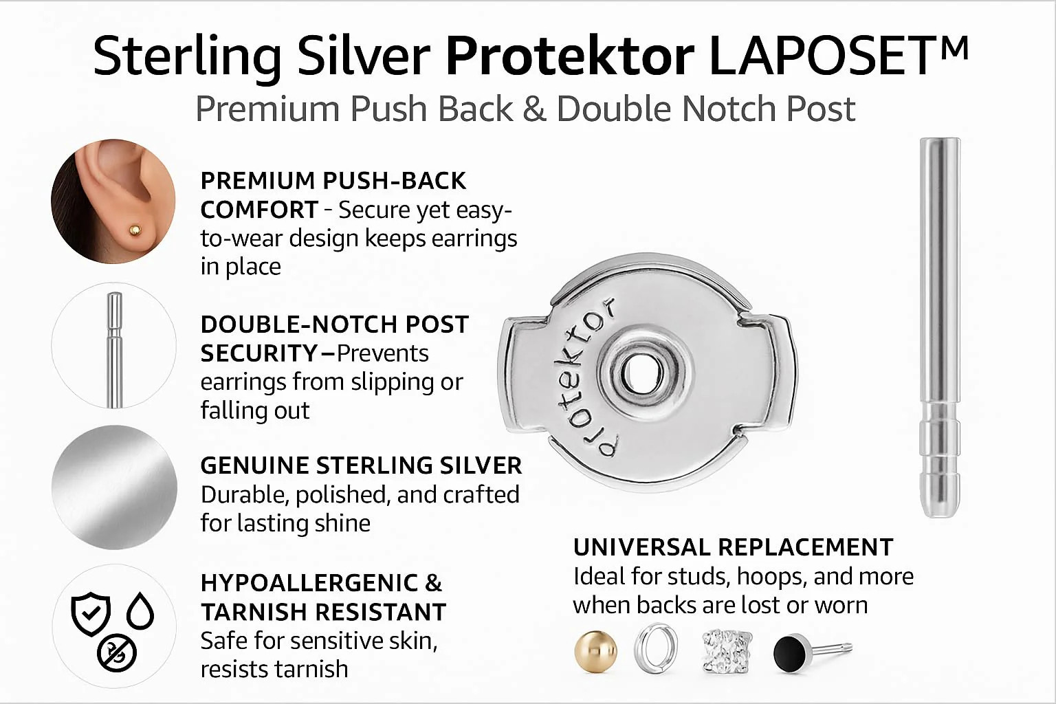 Sterling Silver Protektor LAPOSET Push Back & Post Secure Earring Back Set