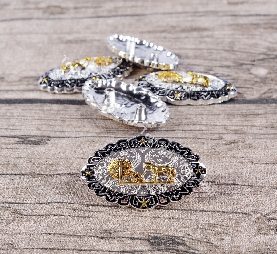 5PCS 50*30mm Western Gold Silver Plated Horse Cross Belt Leathercraft CONCHOS