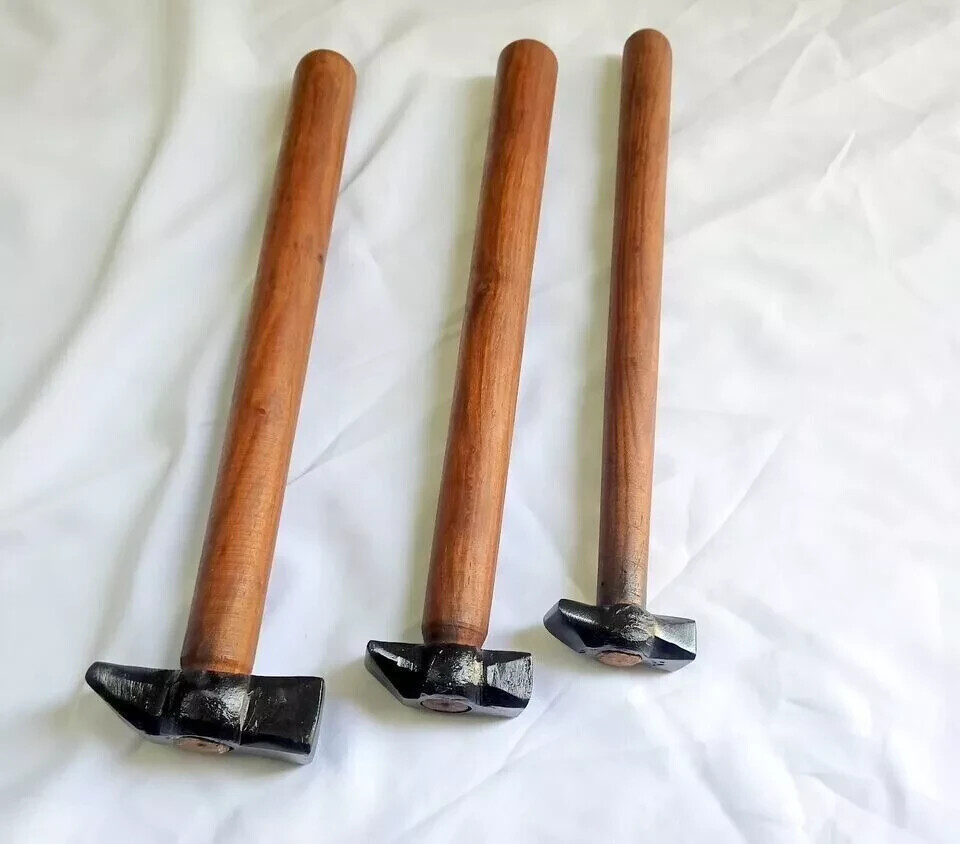 "Set of 3 Black Iron Hammers with Wooden Handles - Collectible Blacksmith Tools"