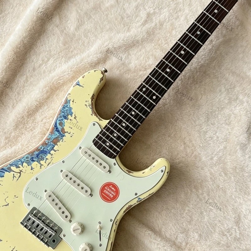 Solid Electric Guitar Tremolo Bridge Stainless Fret Cream over Blue Paisley