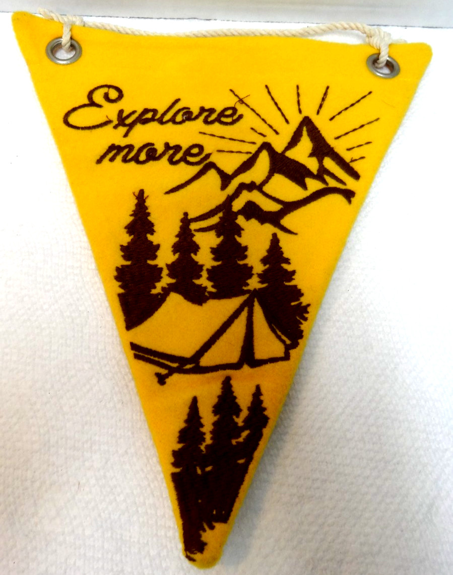 EXPLORE MORE Pennant Yellow Brown 9” x 10” Mountains Tent Camping Adventure