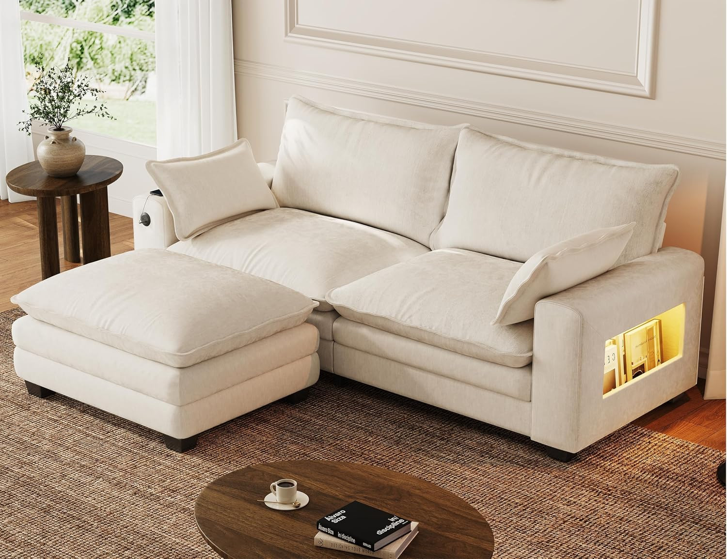 80" L-Shaped Sectional Sofa with Ottoman, Chenille Cloud Couch, Beige | with USB