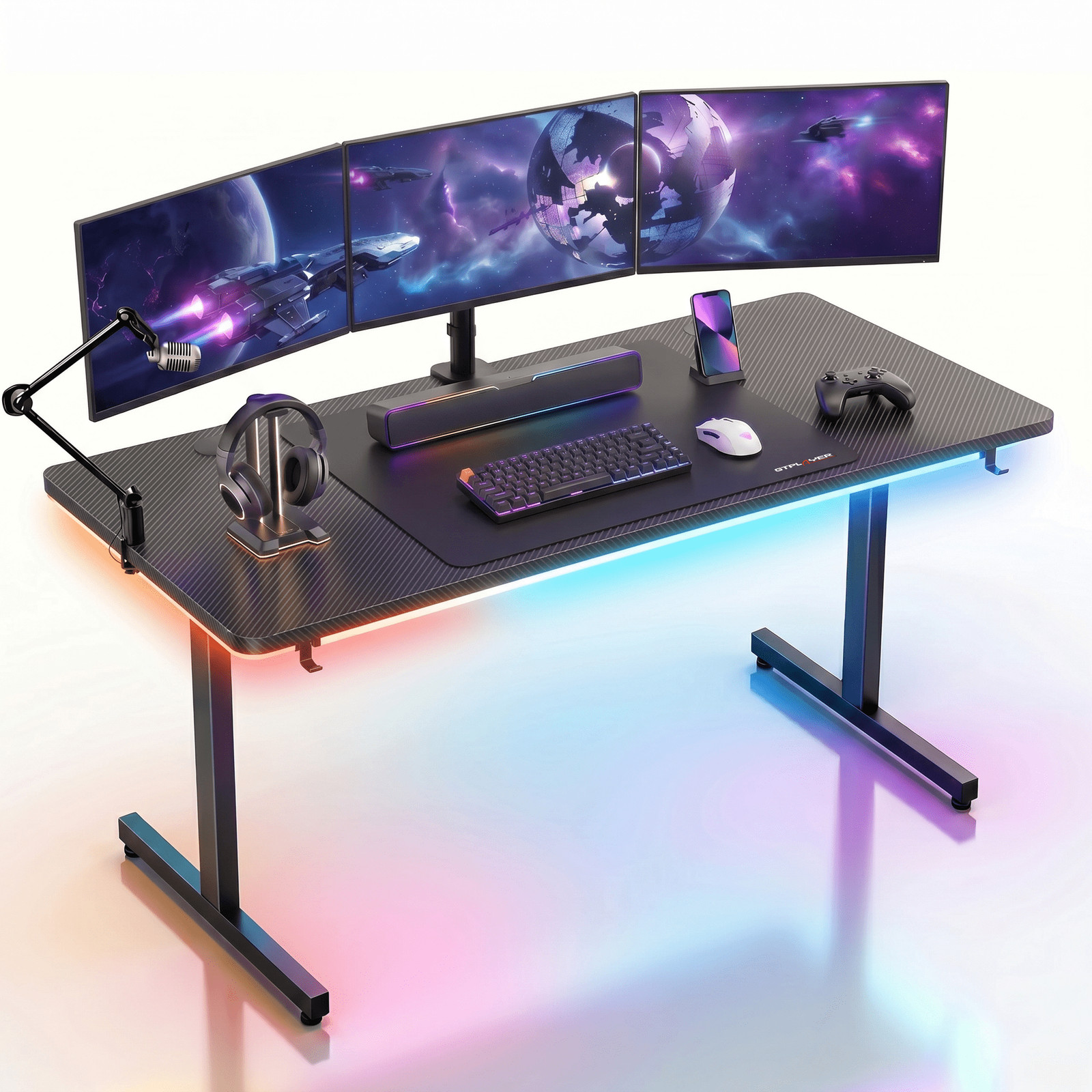 COMHOMA 55" Gaming Desk with Smart APP & Remote RGB Lights, Carbon Fiber Surface