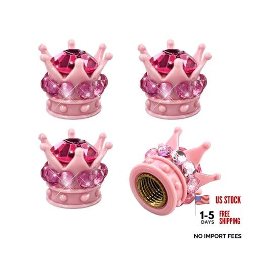4 PCS Crown Tire Stem Valve Caps, Bling Rhinestone Crown Tire Copper Core Pink