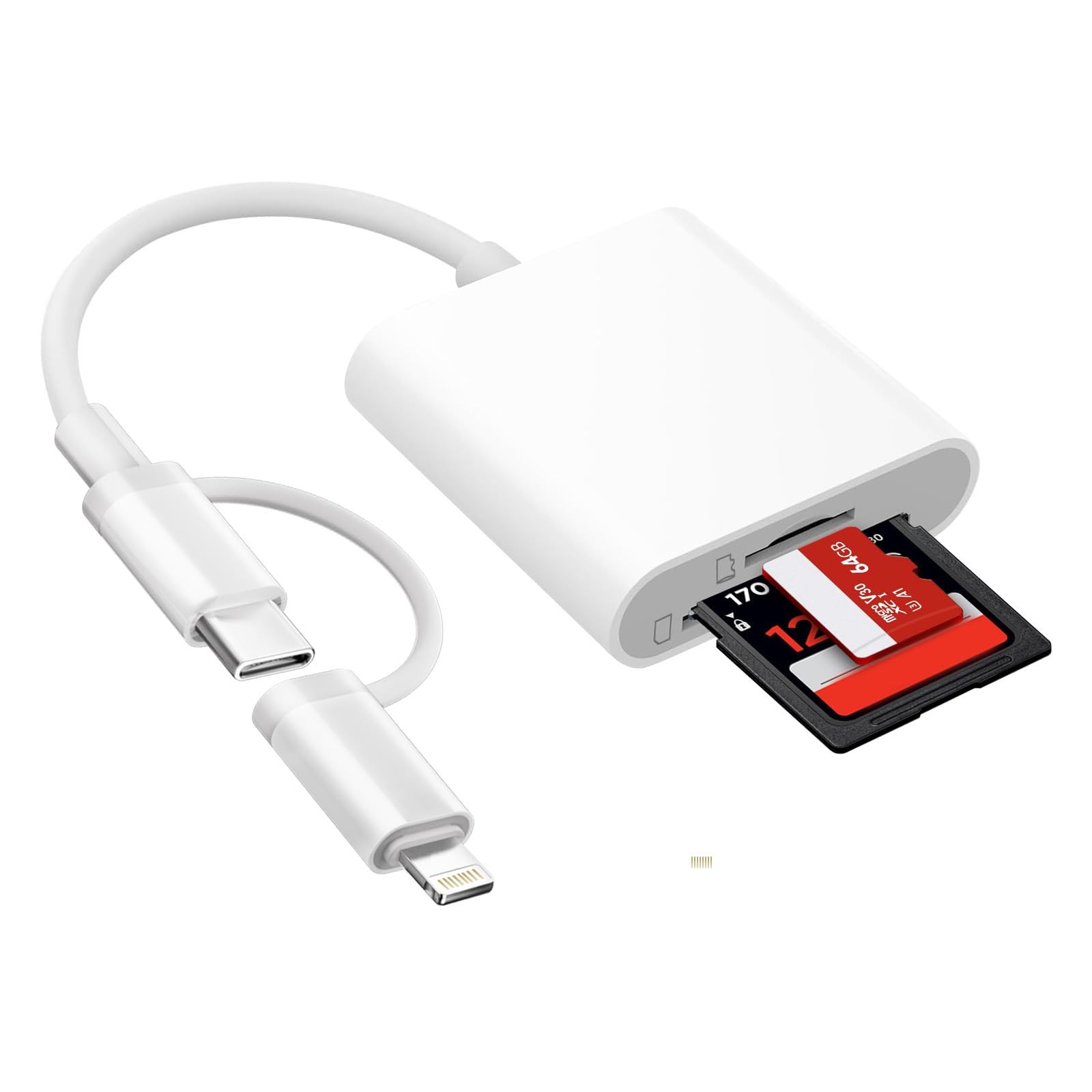 Denlane SD Card Reader for iPhone iPad Mac, USB C & Lightning 2 Slot, White
