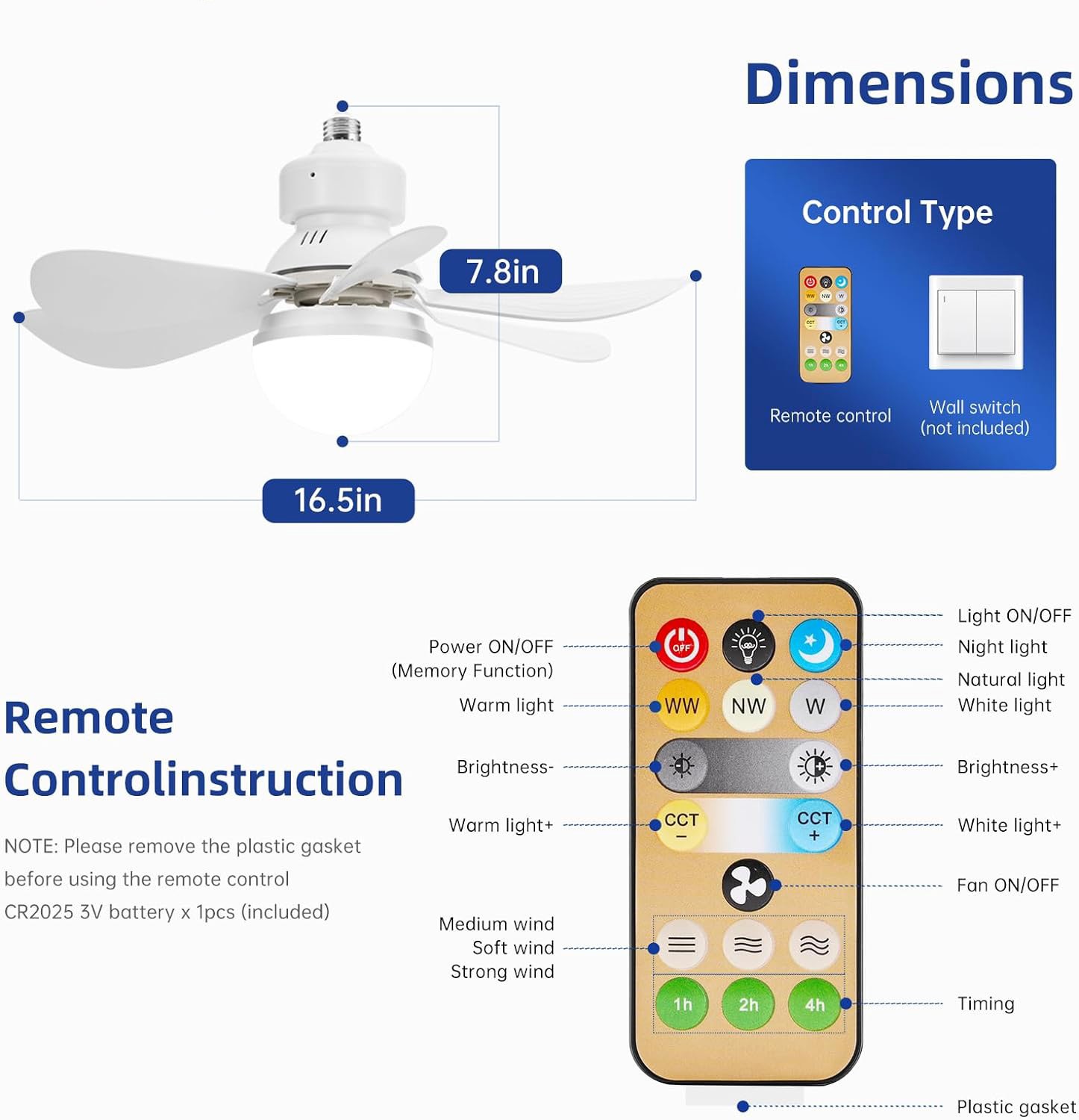 Large Ceiling Fan E27 Socket Fan 30W with Dimmable LED Light Remote Controller