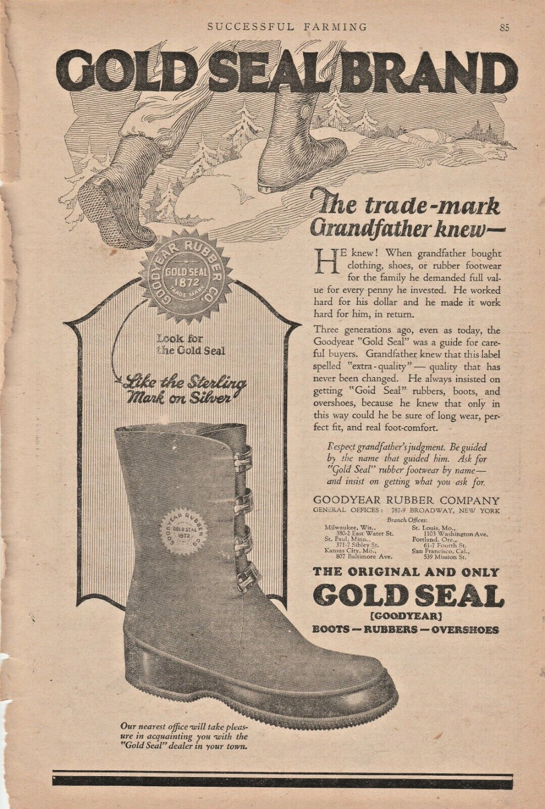1923 Goodyear Gold Seal Boots Magazine Ad "The Trade-mark Grandfather Knew"