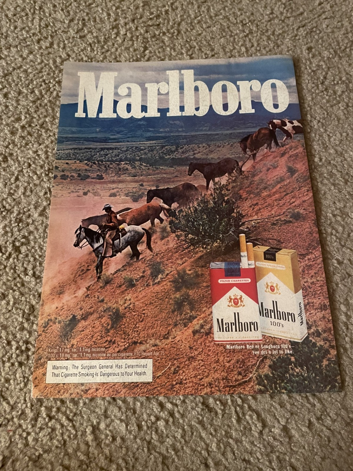 Vintage 1975 MARLBORO CIGARETTES RED 100's Print Ad 1970s HORSES COWBOY