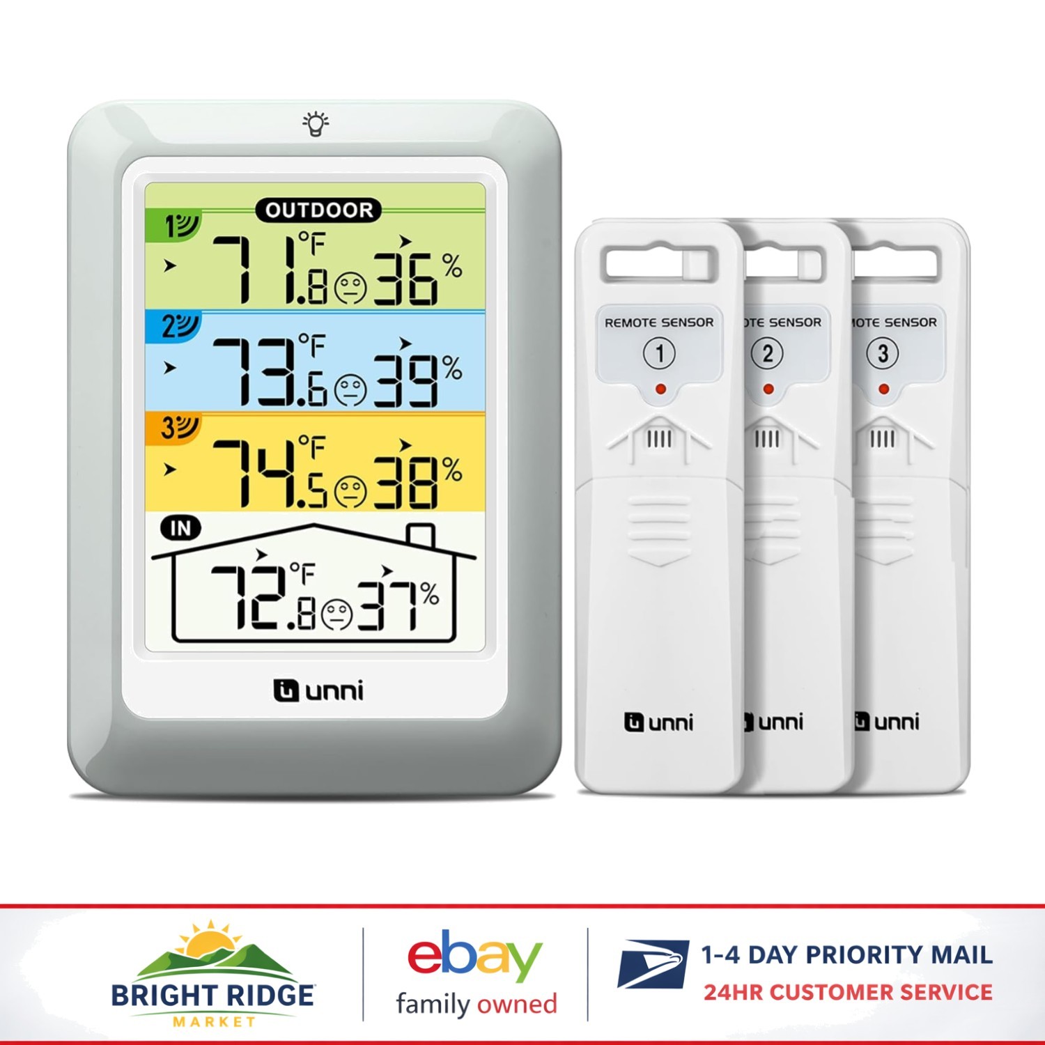 Wireless Indoor Outdoor Thermometer with 3 Sensors and Colorful 4.5 Inch Display