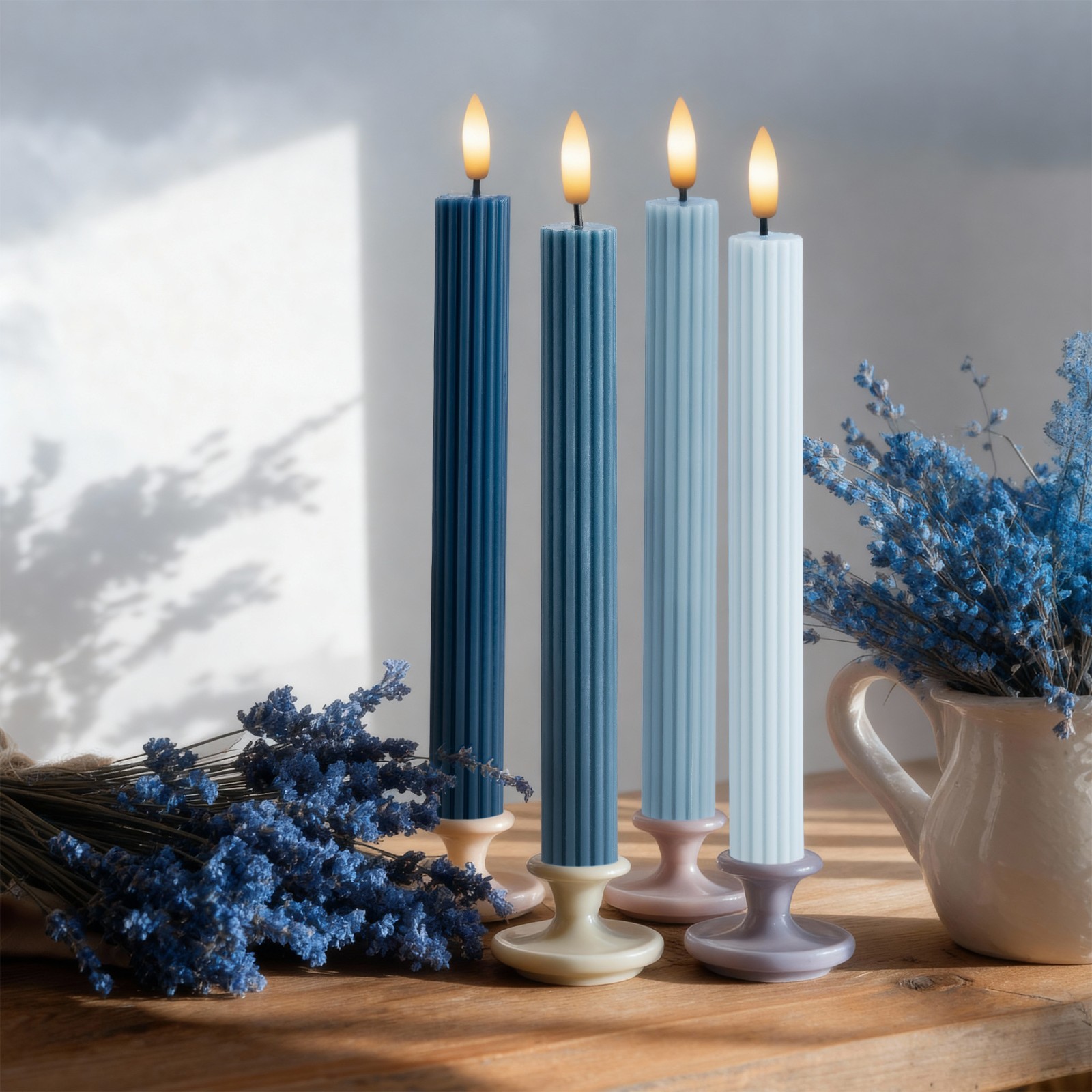 4 Pack 10" Overcast Blue LED Flameless Taper Candles with Remote & Timer