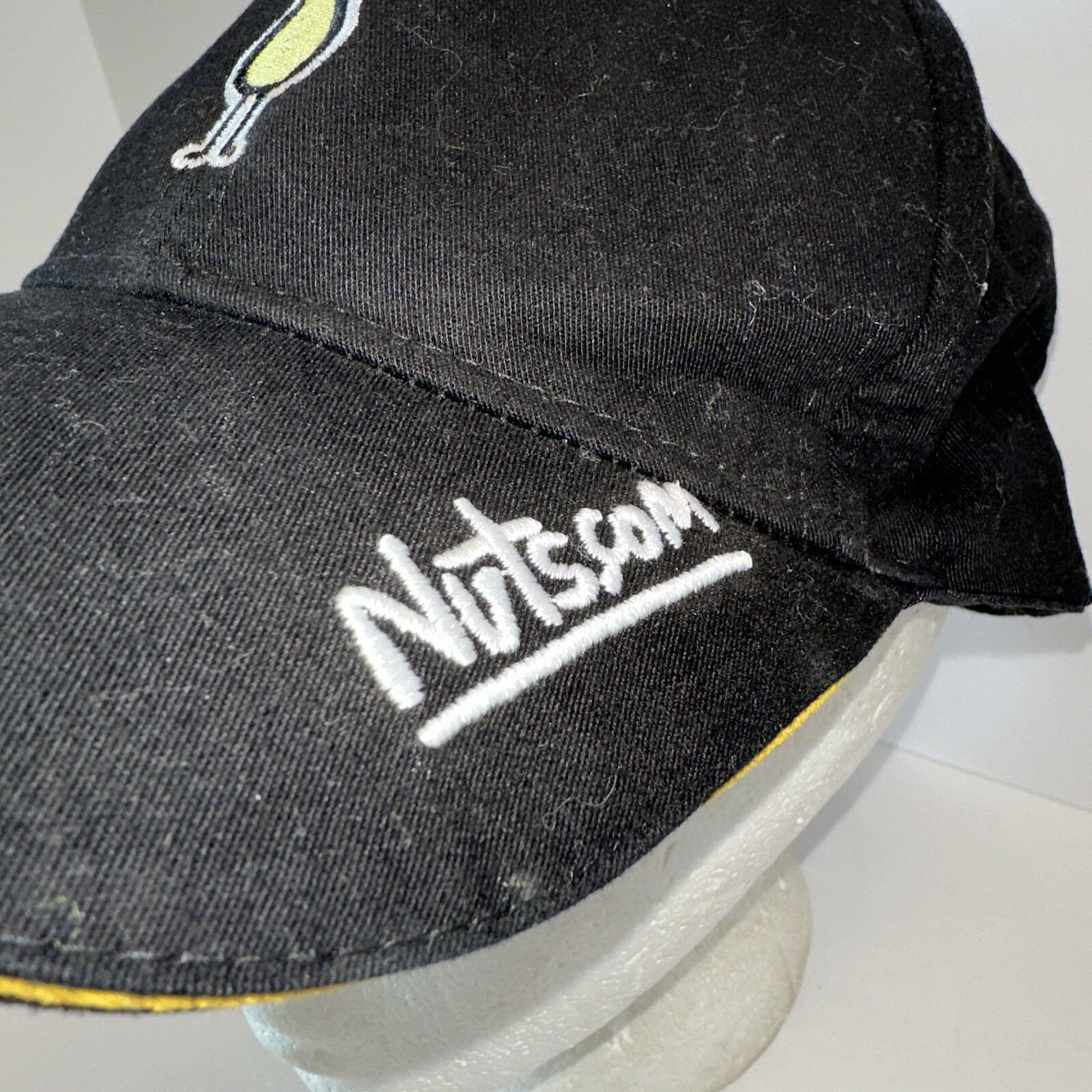 Nuts.Com Black Hat Cap Hoop Loop Yellow Bill Edge Peanut on Front OSFA