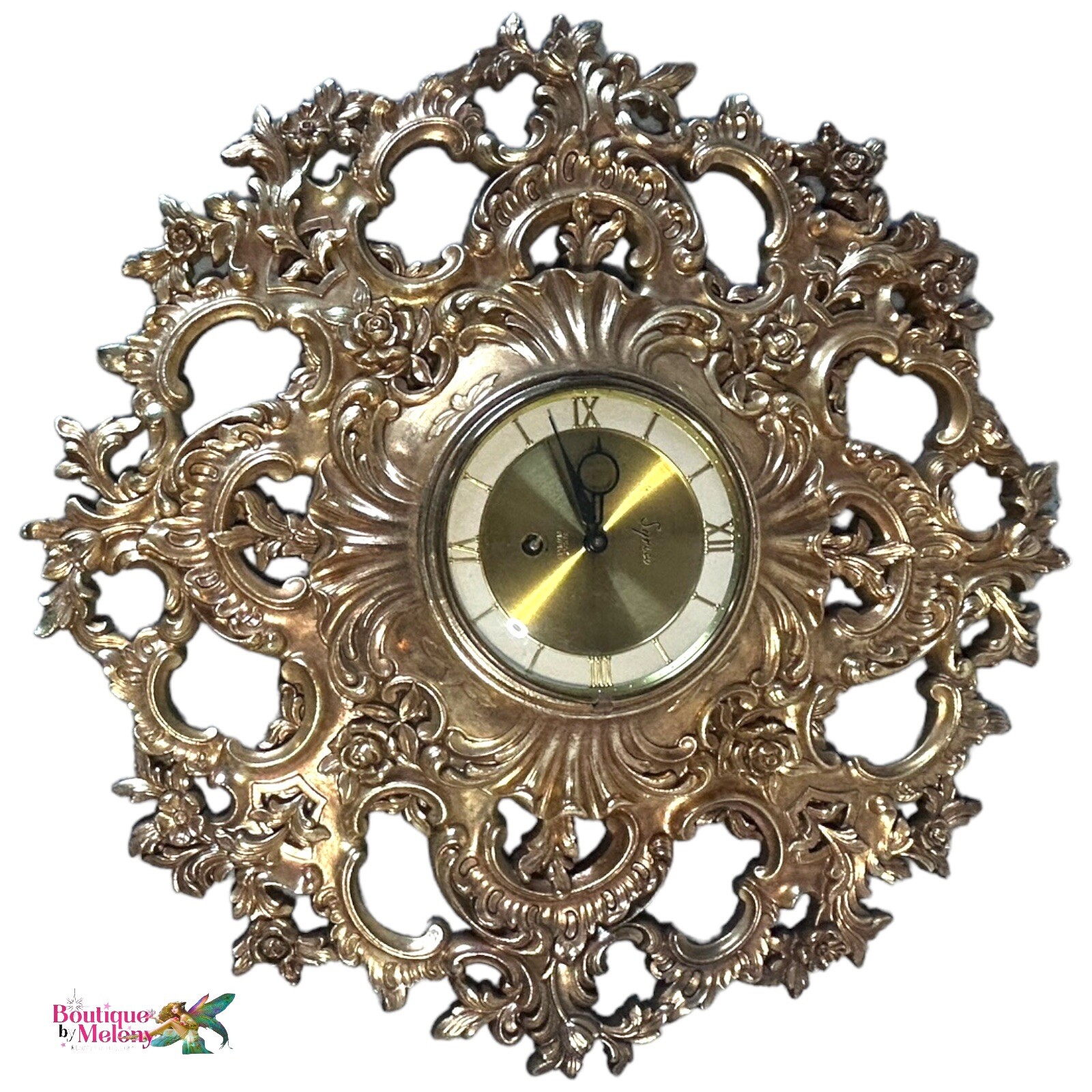 Syroco Wood Working 8 Day Jeweled Gold Wall Clock Antique Vintage