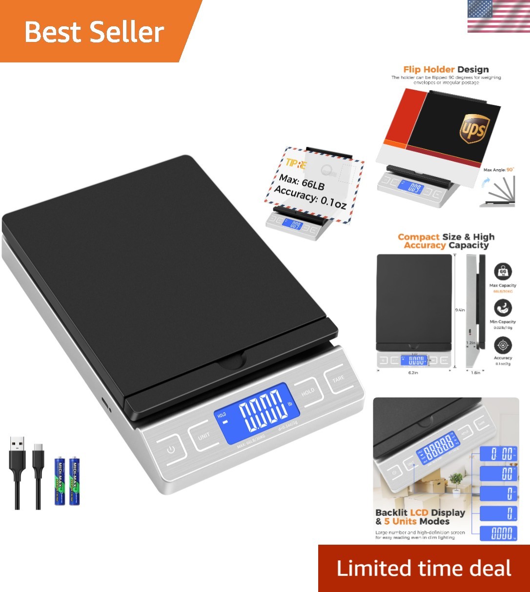 Versatile Shipping Scale 0.1oz Accuracy - Tare & Hold, Type-C/Battery Power