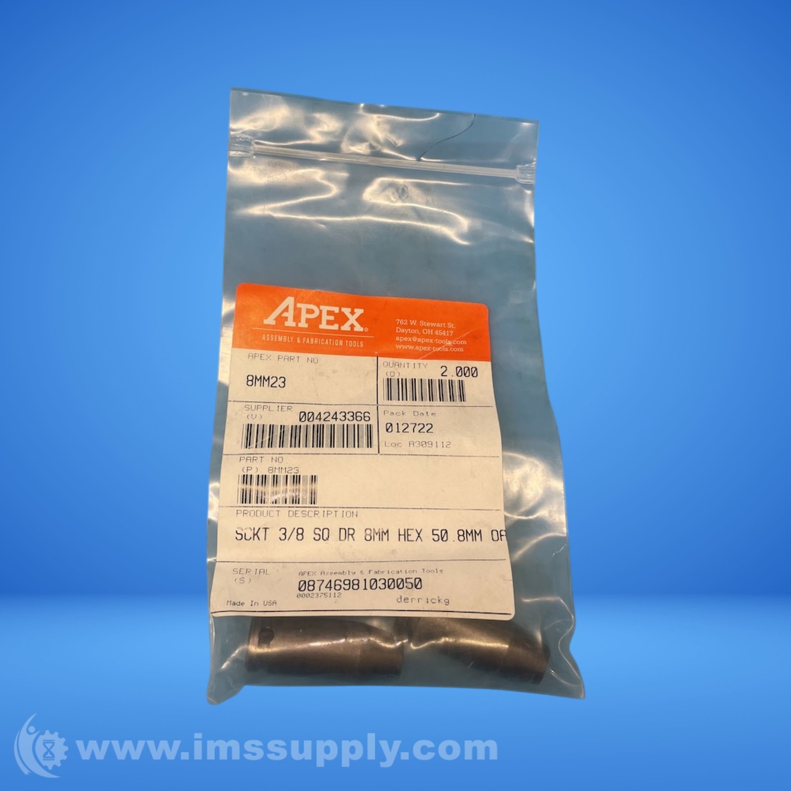 APEX 8MM23 Pack of 2 Sockets 3/8 Sq Drive 8MM Hex FNOB