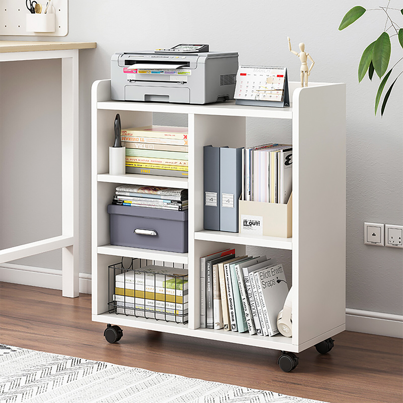 Mobile Printer Stand Rolling Office Scaner Cart Storage Shelf Warm White