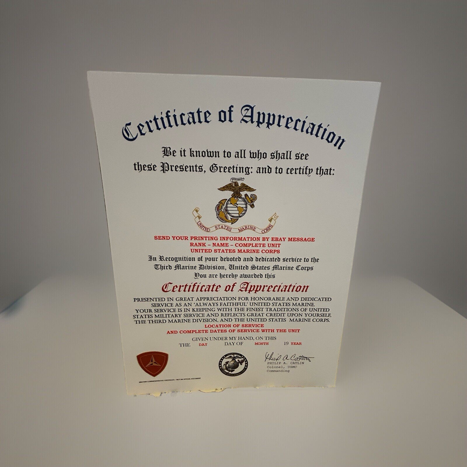 U.S. MARINE CORPS / 3RD MARINE DIVISION - CERTIFICATE OF APPRECIATION