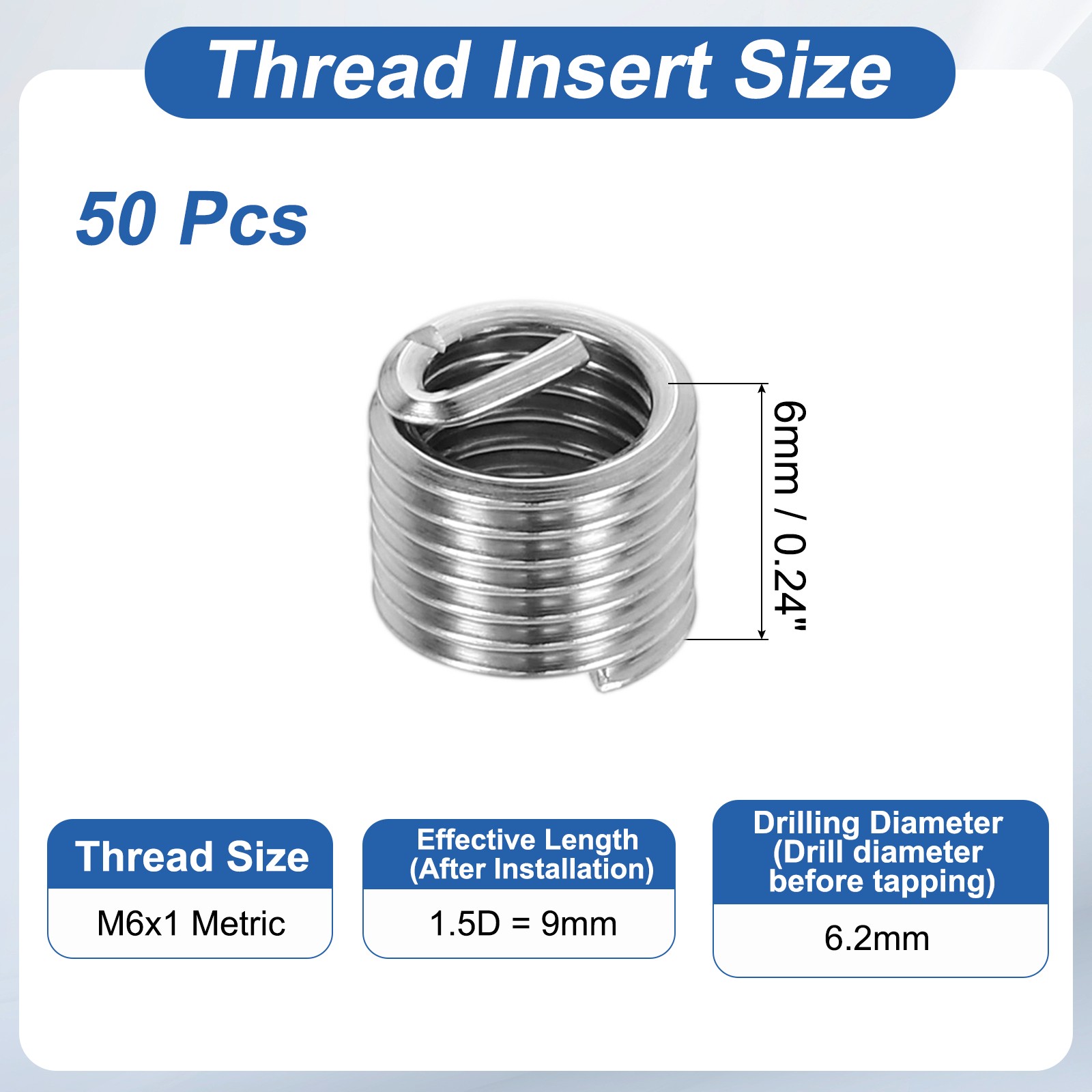 50pcs Wire Thread Inserts M6x1 Metric 1.5D 9mm Helical Threaded Sleeve