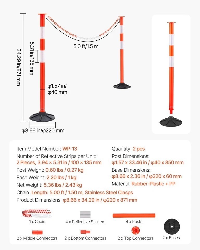 2 Packs Traffic Delineator Posts 34 in Safety Cones Weighted Base & Chains