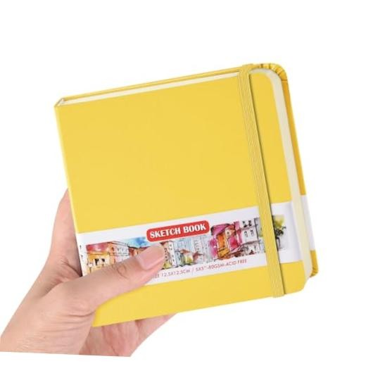 5x5" Pocket Sketch Book,80gsm Hardcover Art Sketchbook PU Cover-5x5in-Yellow