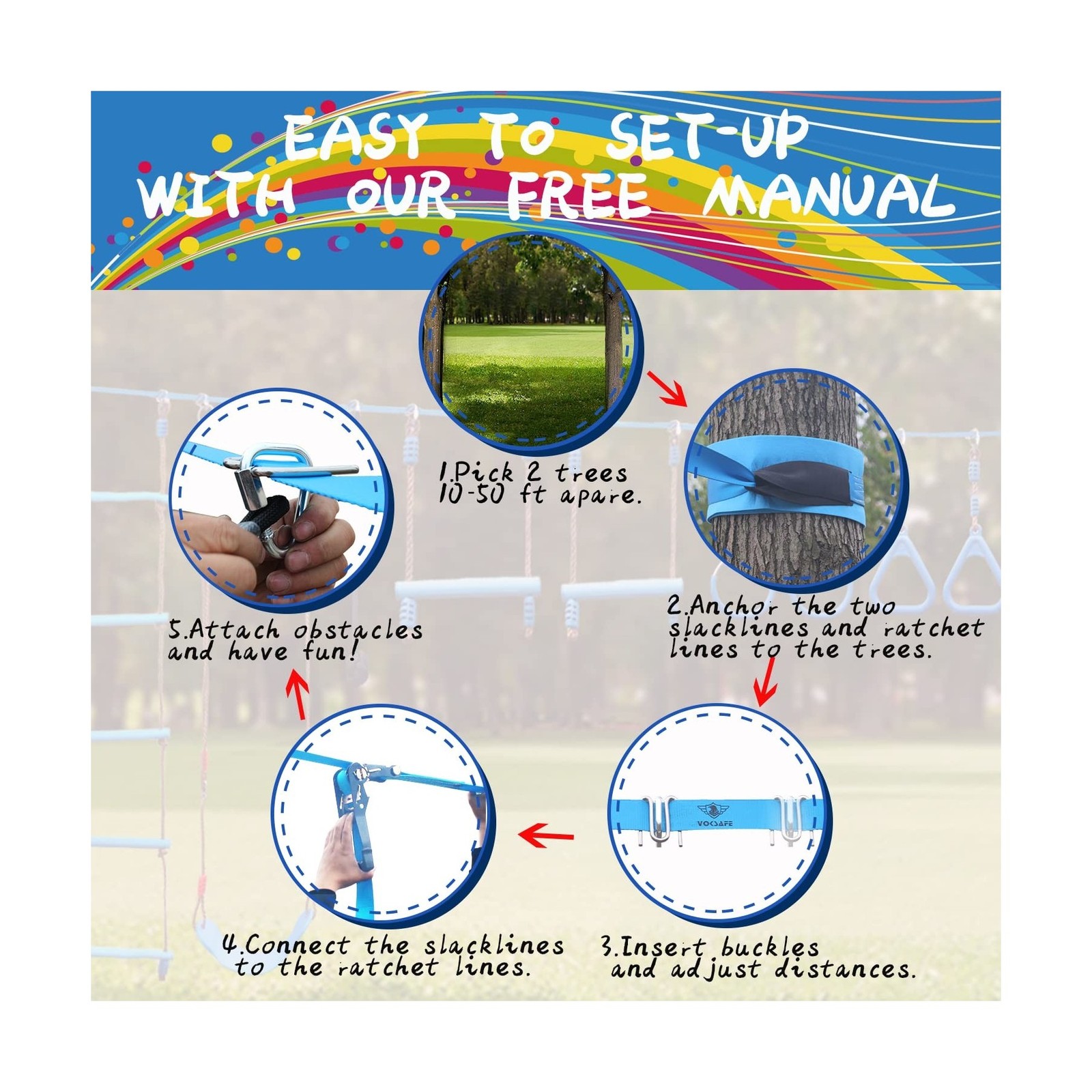 56' Weatherproof Ninja Warrior Hanging Obstacle Course Line Backyar... Fast Ship