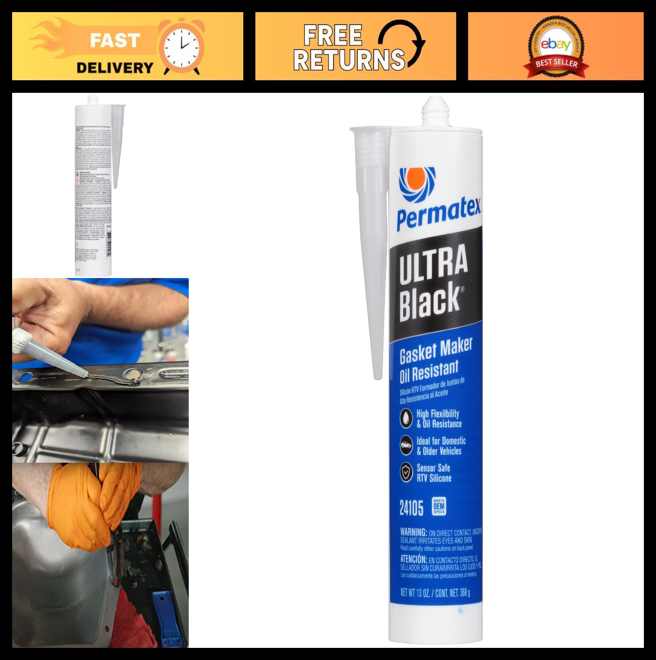 Ultra Black RTV Silicone Gasket Maker - Maximum Oil Resistance, 10.6 oz Cartridg