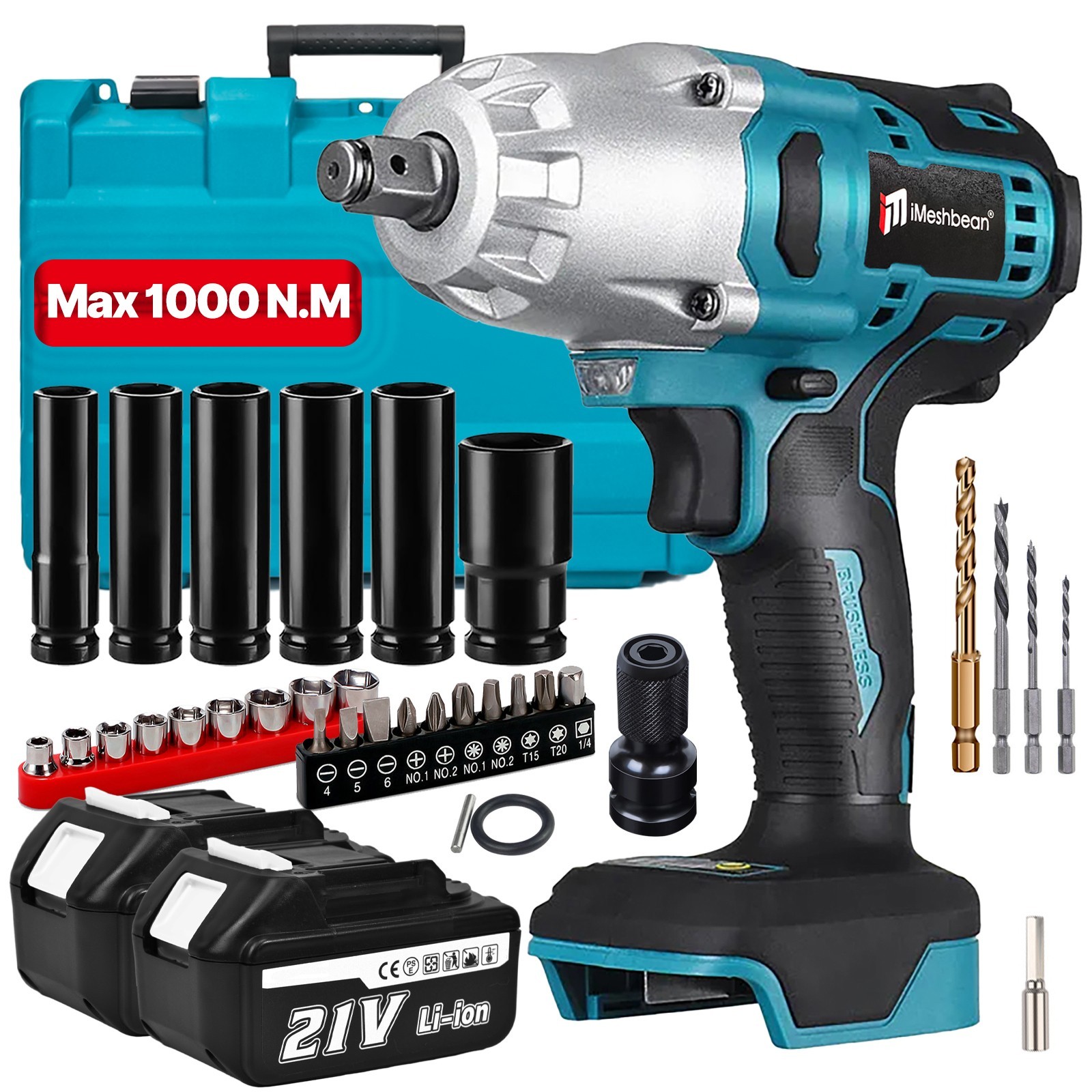 1000N.M Cordless Electric Impact Wrench Gun 1/2'' High Power Drill 2PC Battery