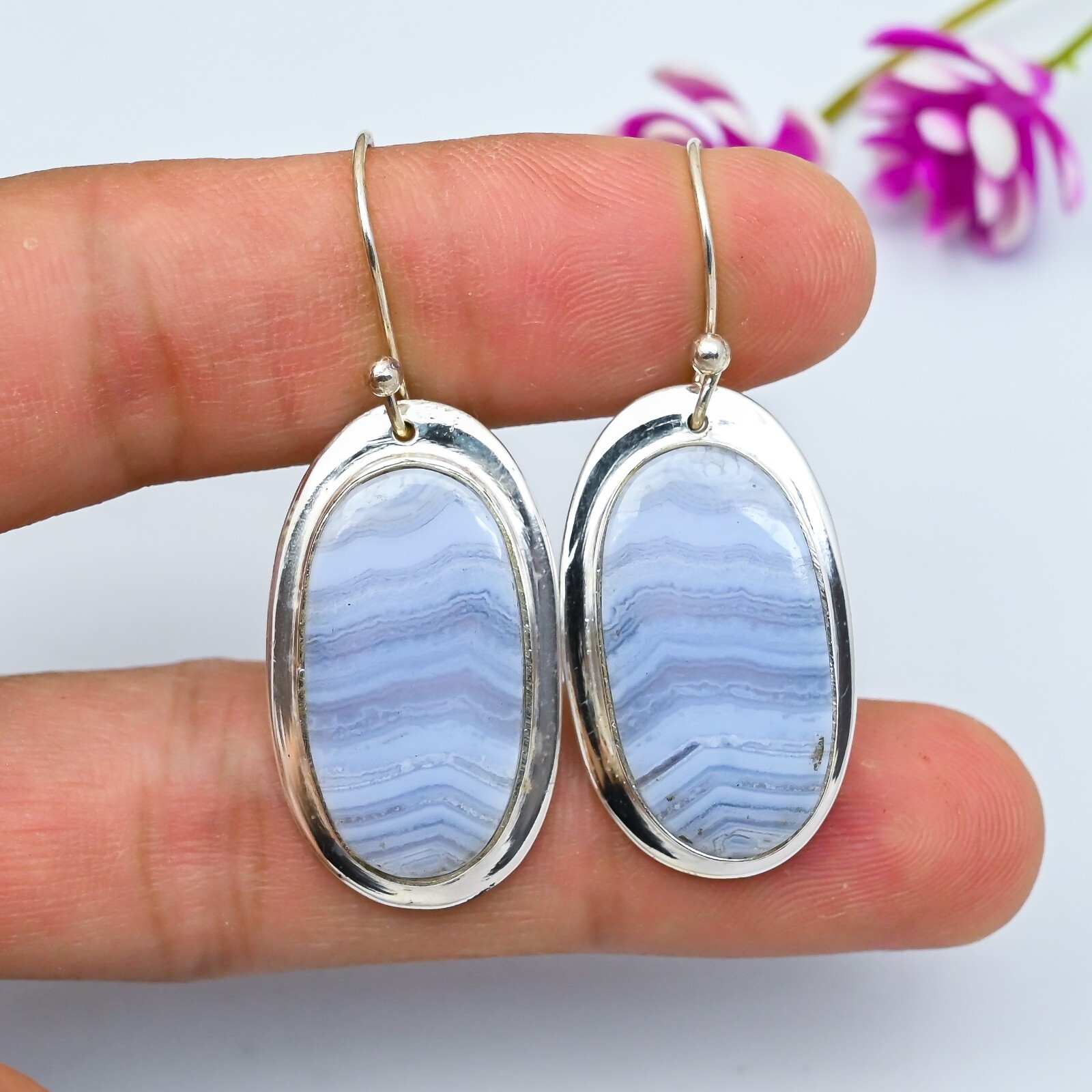 Blue Lace Agate Gemstone Handmade 925 Sterling Silver Jewelry Dangle Earrings