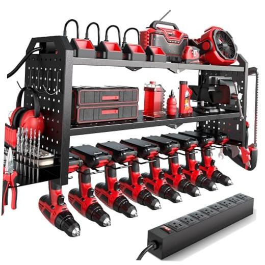 Power Tool Organizer with Charging Station Wall Mount, with Power Strip Black