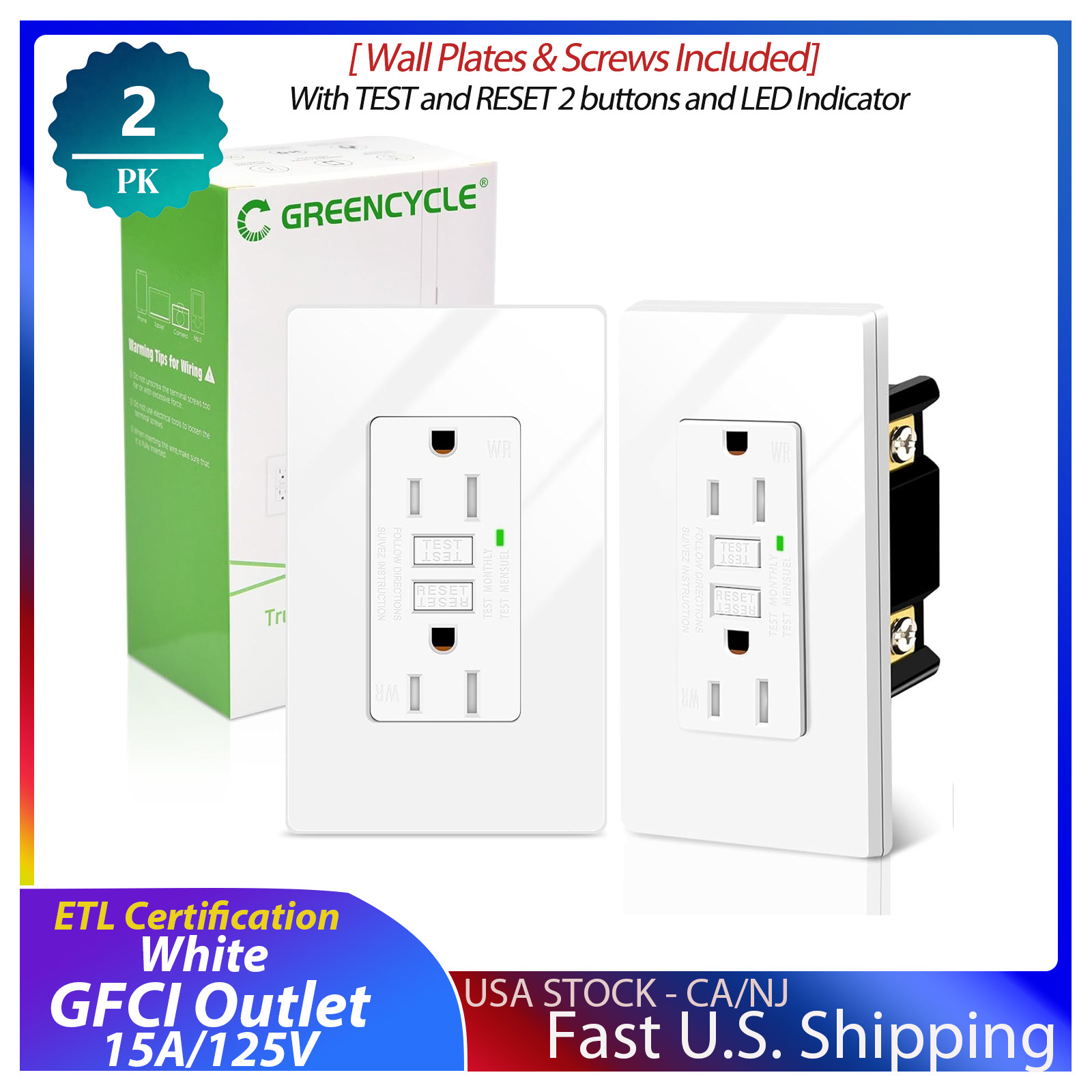 2x GREENCYCLE GFCI 15A With Outlet Tamper Resistant (TR)& Weather Resistant (WR)