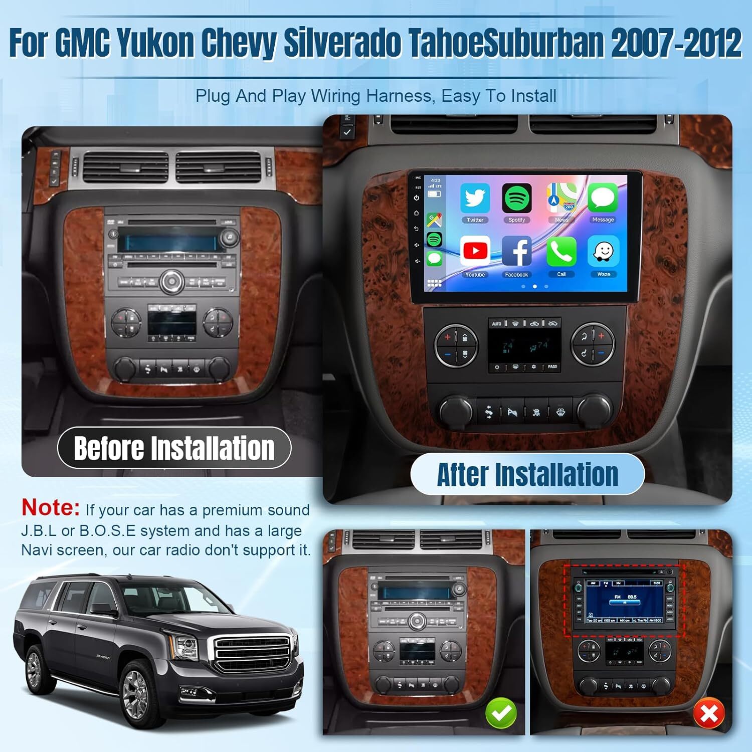 Radio Stereo HeadUnit CarPlay GPS For 2007-2013 GMC Yukon Chevy Tahoe Suburban