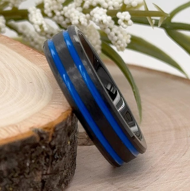 Shiny Black Tungsten Christmas Gifts Ring 6MM Dual Blue Strip Inlay Brushed Band