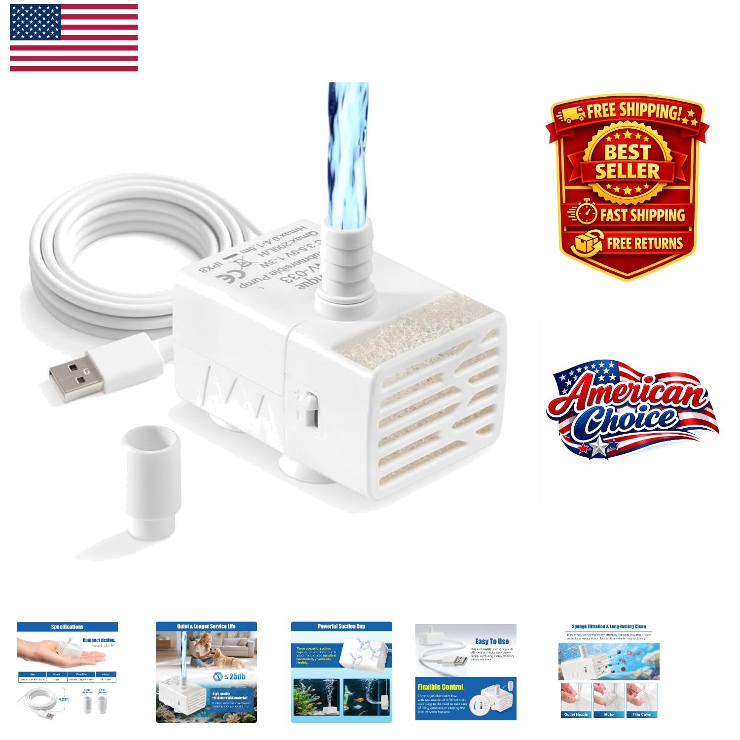 USB-Powered Ultra Quiet 200L/H Fountain Pump for Hydroponics & Garden Decoration