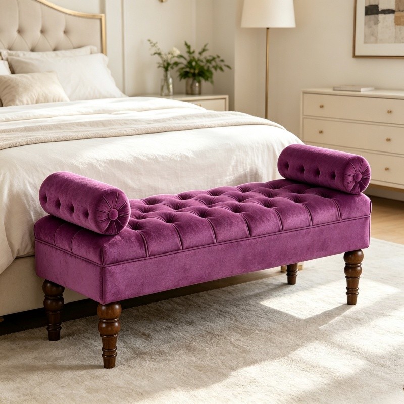 Velvet Upholstered Long Bed Bench Tufted Button Window Bench Bedroom Living Room