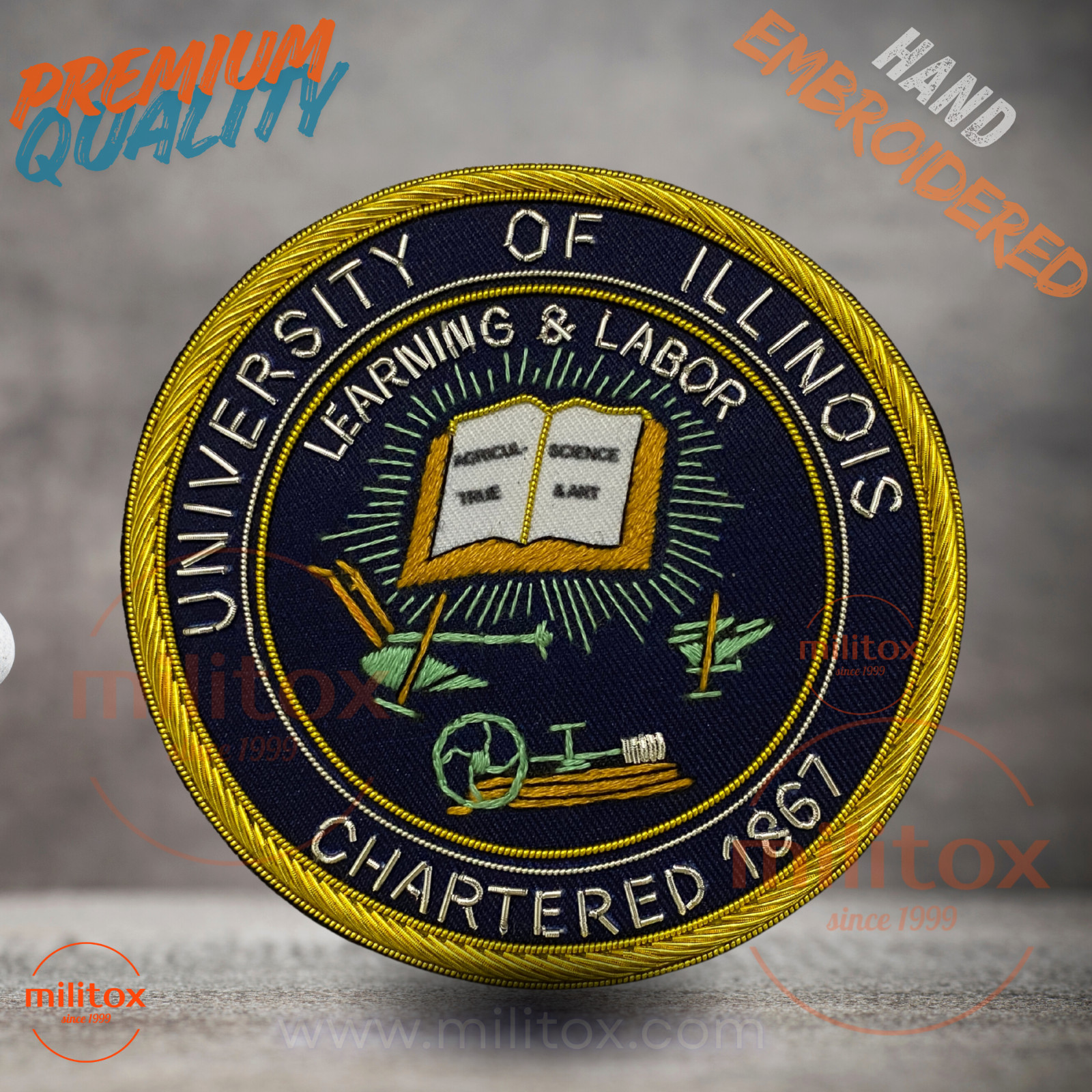 University of Illinois  Hand Embroidered Bullion Wire Blazer  Badge,Royal Crest
