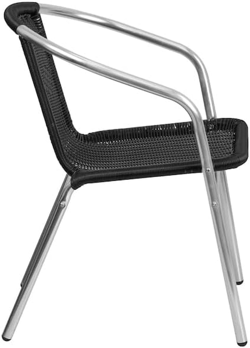 Commercial Aluminum and Black Rattan Indoor-Outdoor Restaurant Stack Chair