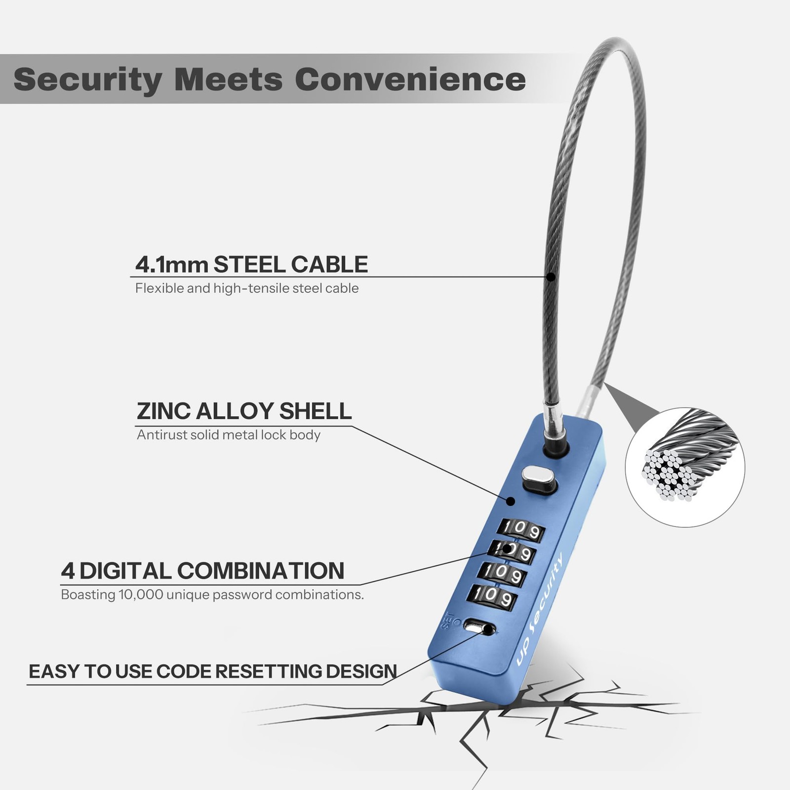UP Security 4 Digit Combination Cable Lock for Short Cable, Blue, 11.8"(30cm)