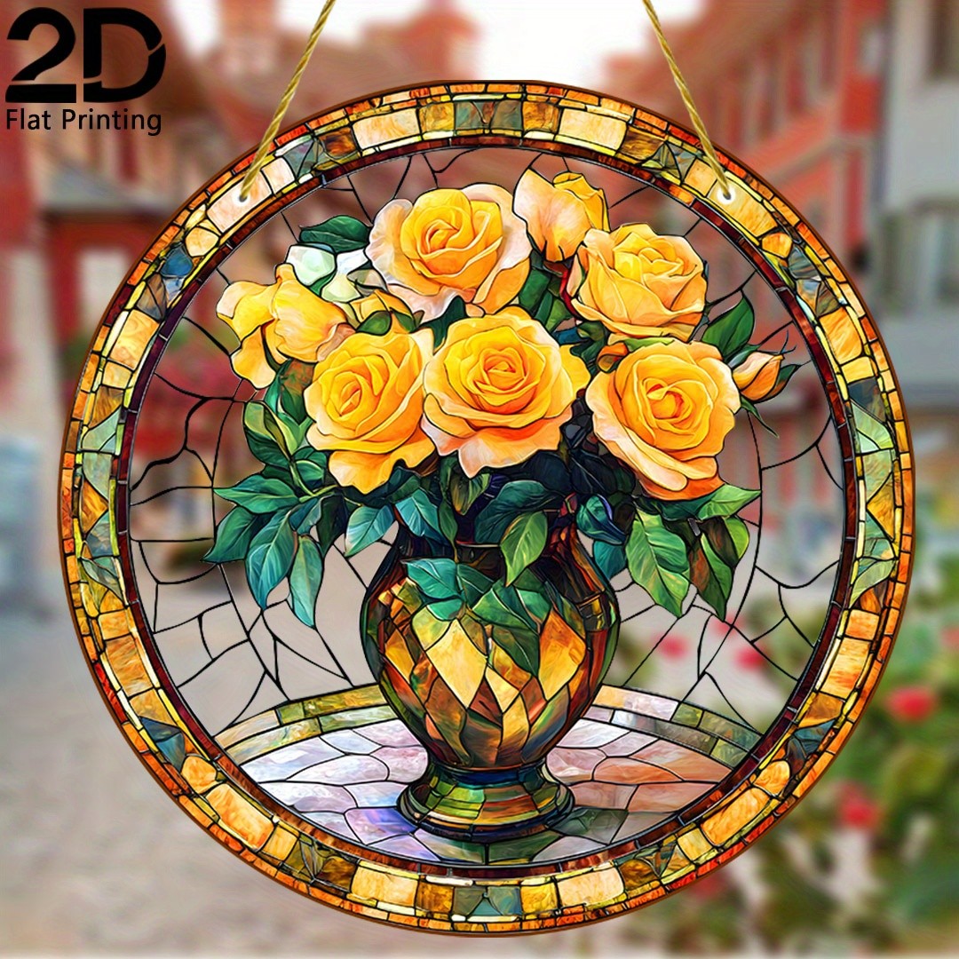 Golden Rose Bouquet Acrylic Suncatcher Nature Inspired Home Hanging Decoration