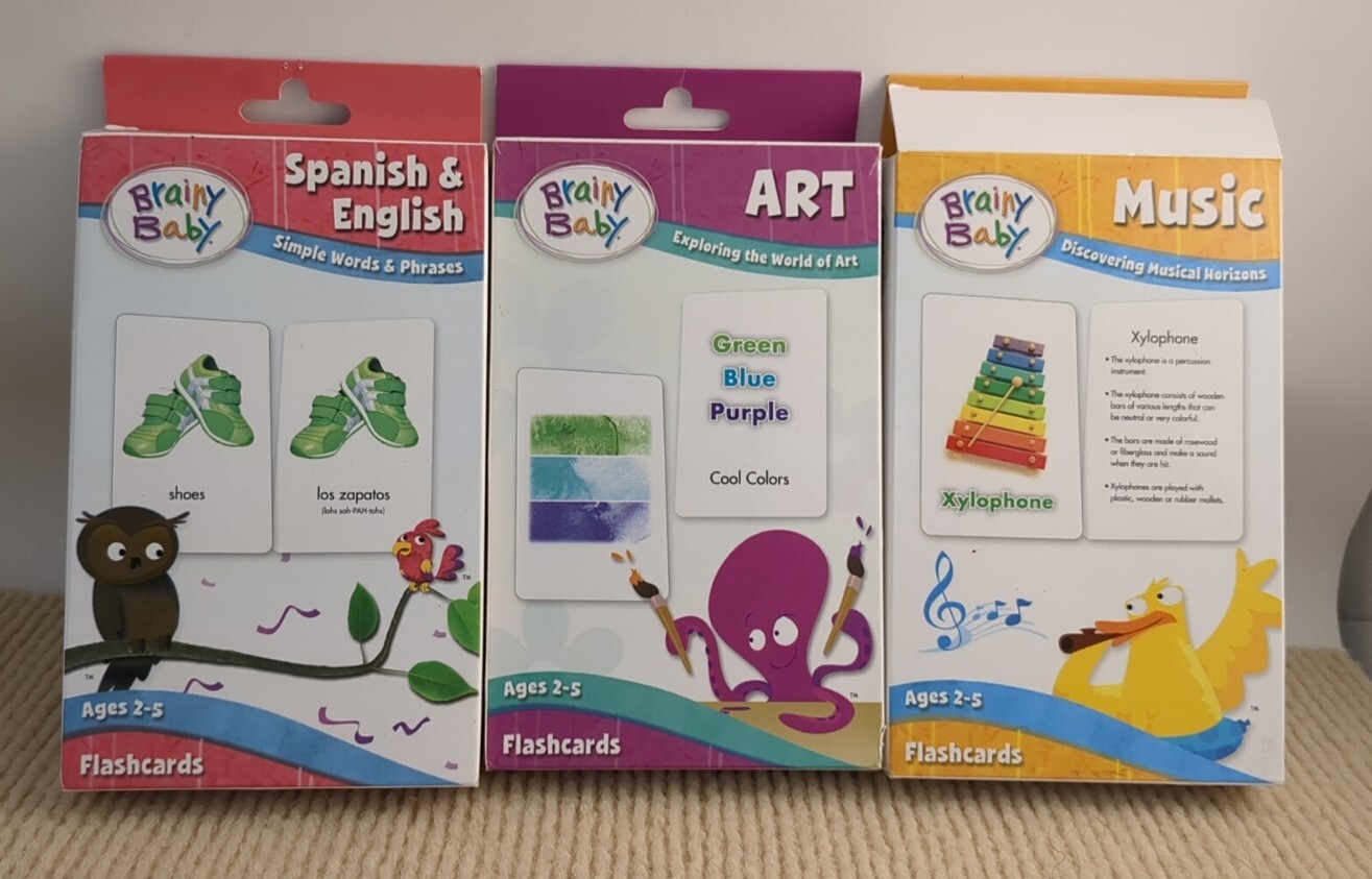 BRAINY BABY FLASH CARDS 3 Sets: Music, Art, Spanish & English Ages 2-5 2011