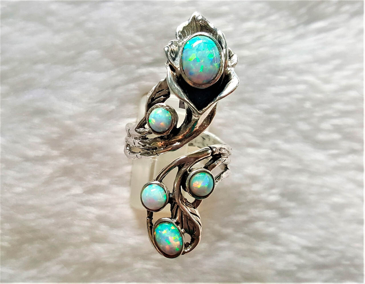 925 Sterling Silver FLower Precious OPAL Flower Unique Bouquet Adjustable Ring