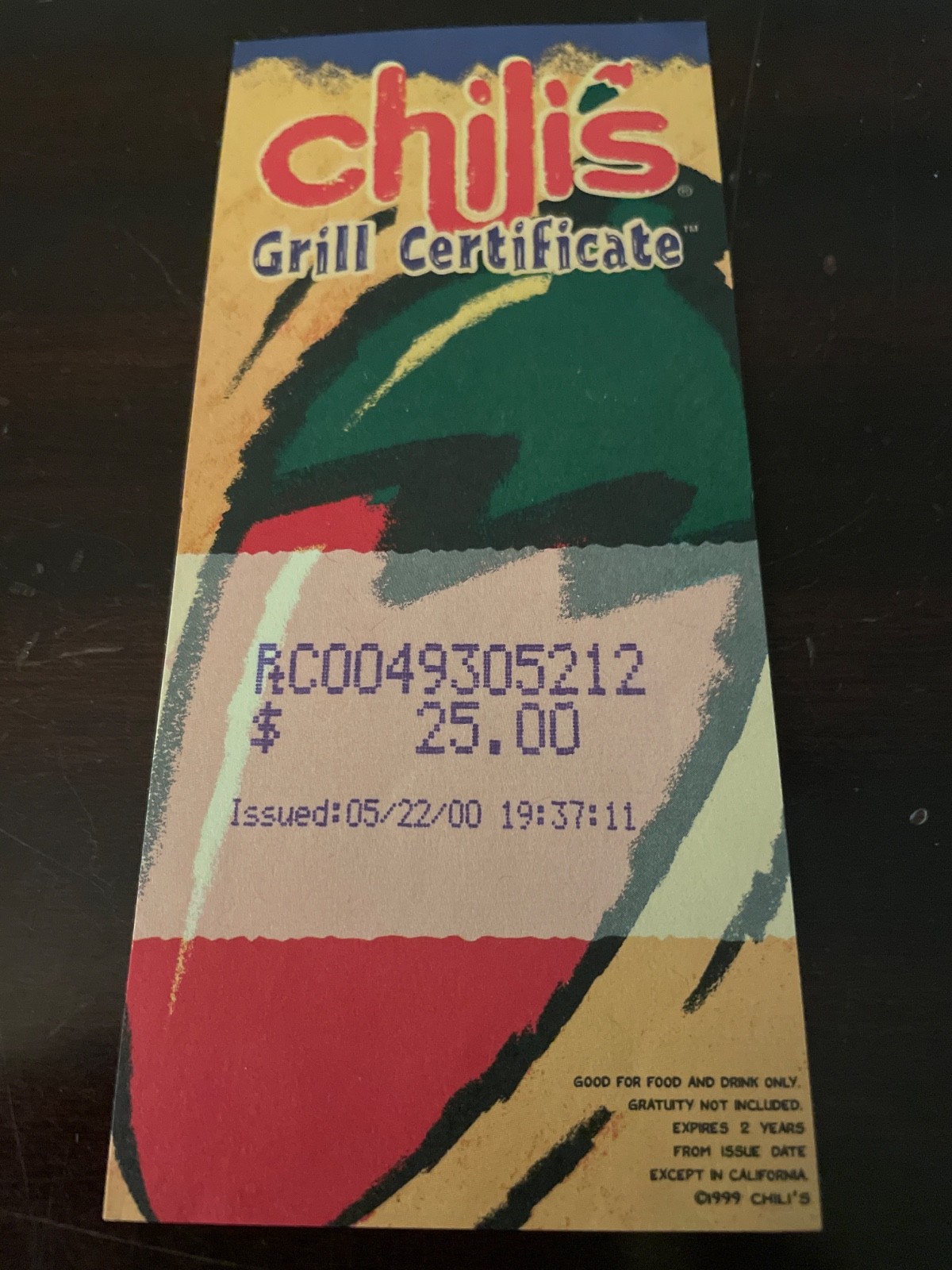 Chilis Gift Card Certificate $25 California Only