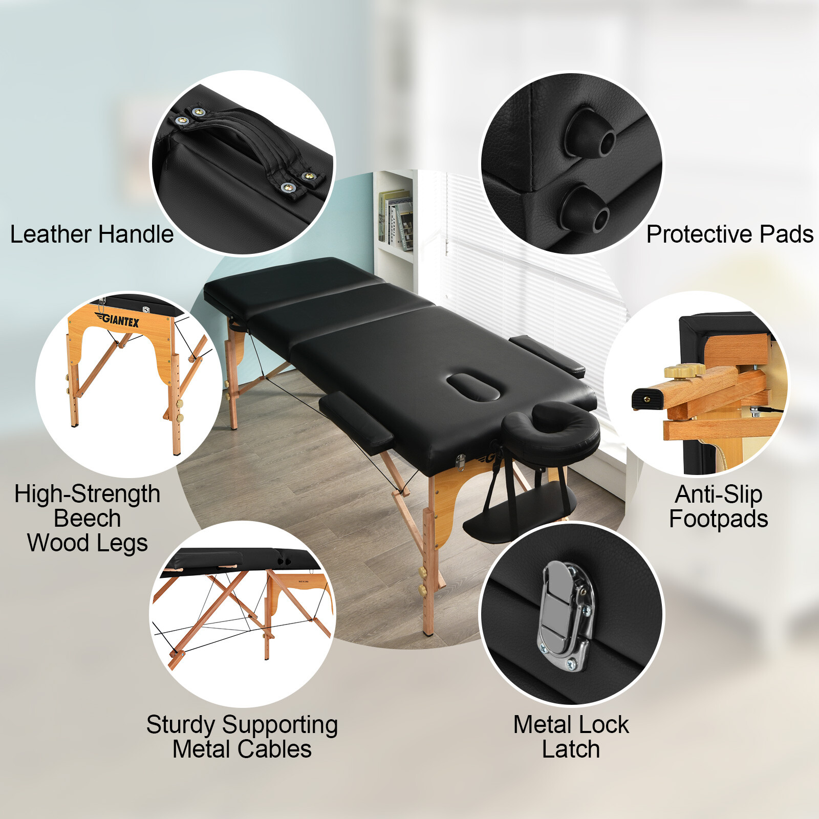 Costway Portable Massage Table 3 Fold 84"L Adjustable Spa Bed w/Carry Case Black