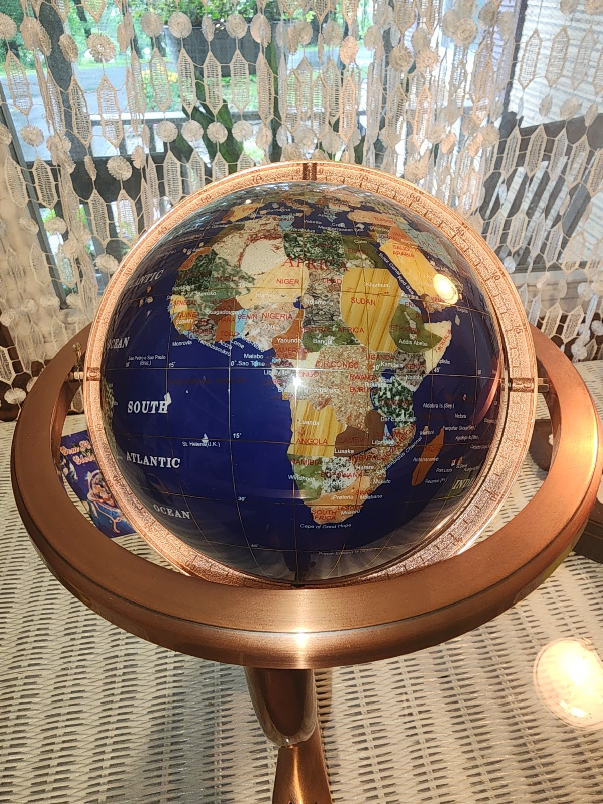 Vintage Gemstone Globe With Compass Approximately 16” Tall By Circumference 13”