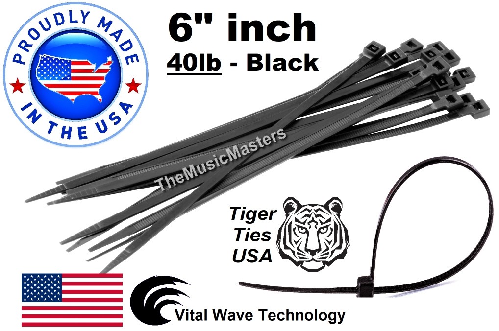 500 Black 6" inch Wire Cable Zip Ties Nylon Tie Wraps 40lb USA Made Tiger Ties