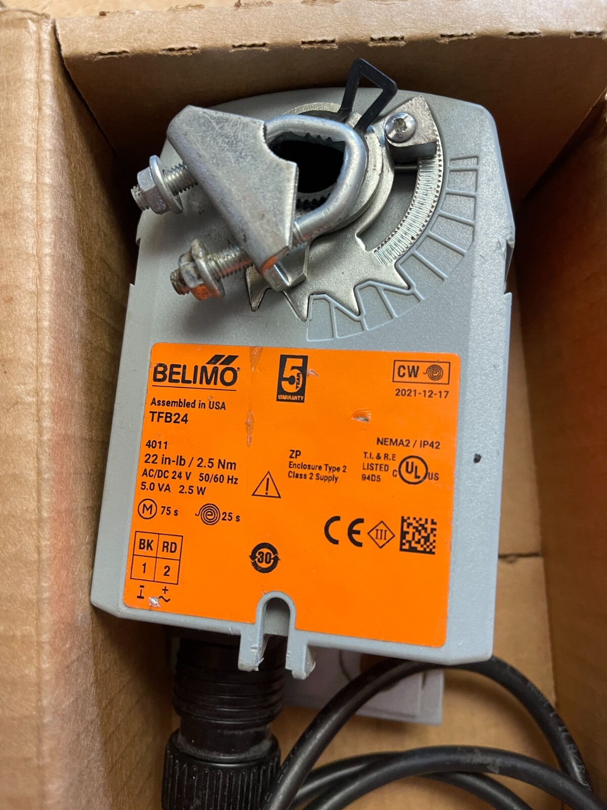 Belimo TFB 24 TFB24 Damper Actuator, 22 in-lb [2.5 Nm], Spring return, AC/DC 24