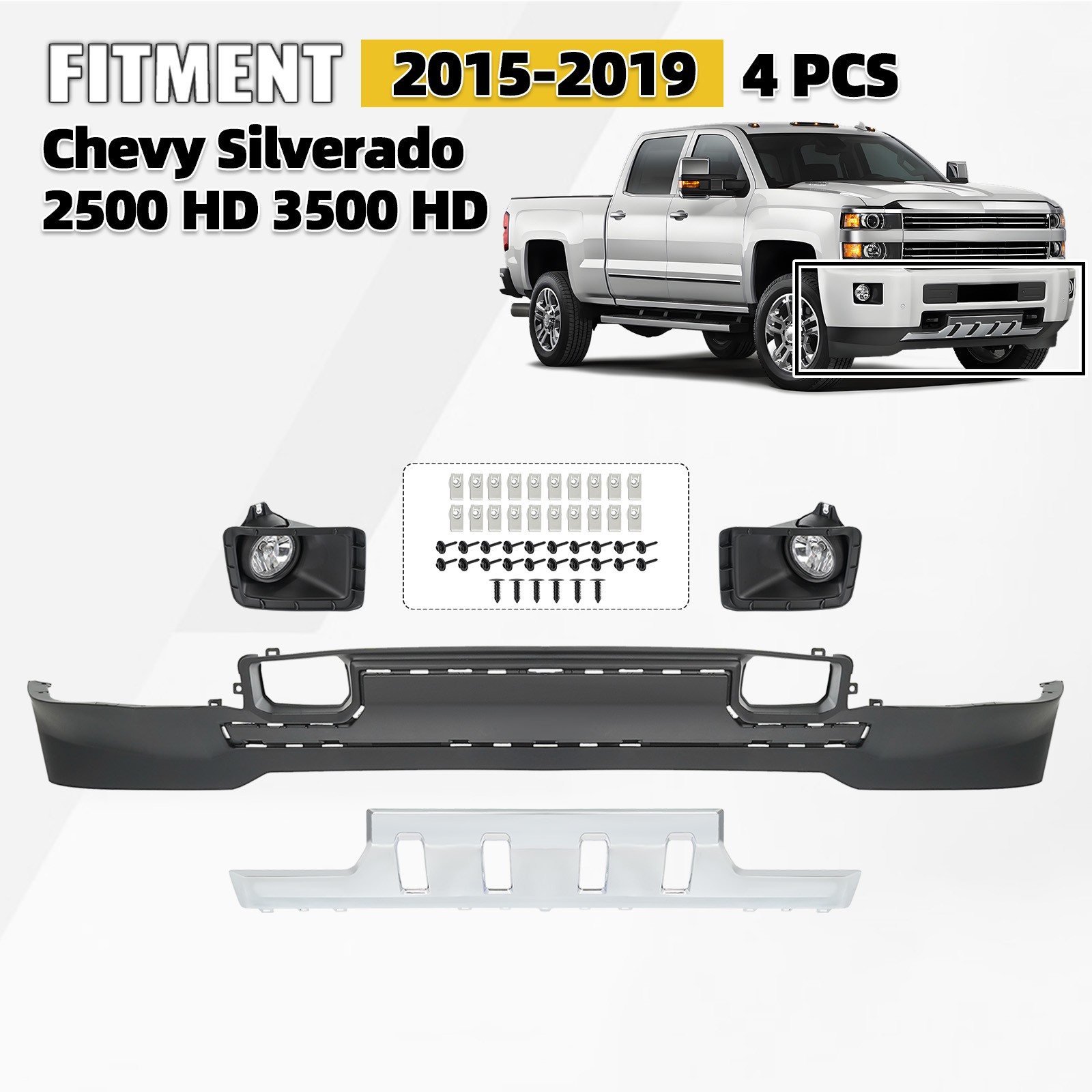 Front Lower Bumper Cover For 2015-2019 Chevy Silverado 2500 3500 W/Skid Plate